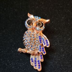 Elegant Blue and Gold Owl Brooch